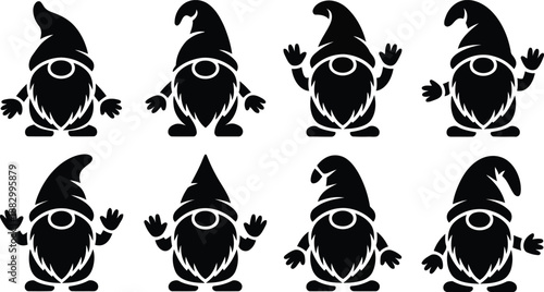 Collection of eight sweet black gnome characters with varied cap styles and arm positions on white