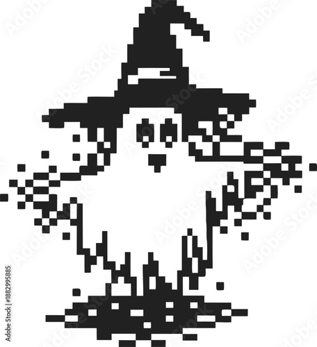 Pixelated ghost wearing a witch hat with flowing animated arms and haunting eyes in black and white