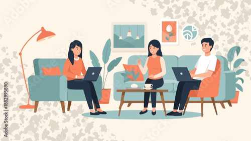 Three people work on laptops while relaxing on sofas in a modern living room