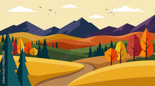 Flat Design Vector Illustration of a Peaceful Autumn Mountain Landscape with Winding Road