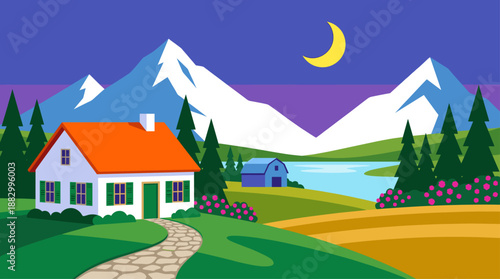 Peaceful Rural Night Landscape Vector Illustration in Minimalist Flat Design Style