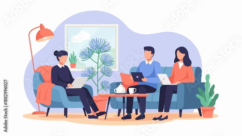 Three people work remotely on laptops in a cozy living room