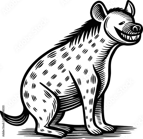 Black and white illustration of a smiling hyena sitting with distinct spots and shading details
