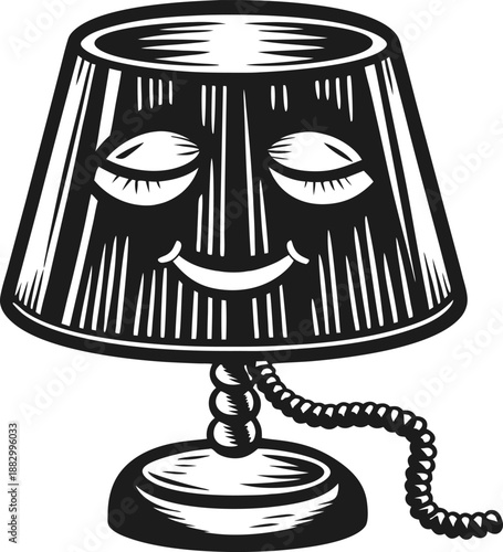 smiling table lamp with closed eyes and vintage carved wooden design, cozy home lighting fixture