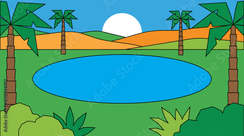 Flat Design Vector Illustration of a Desert Oasis with Palm Trees Pond and Sun