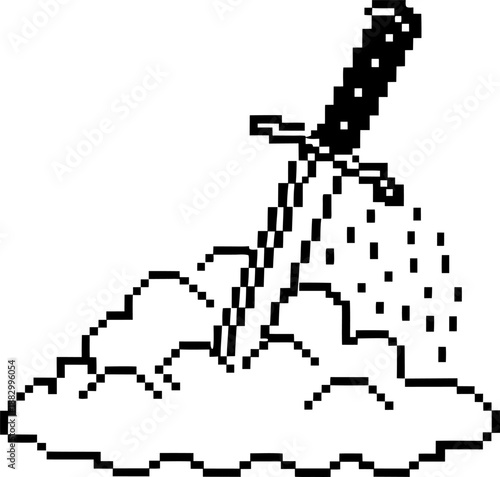 Pixel art sword stuck in ground with dirt and rocks scattered around, retro video game concept