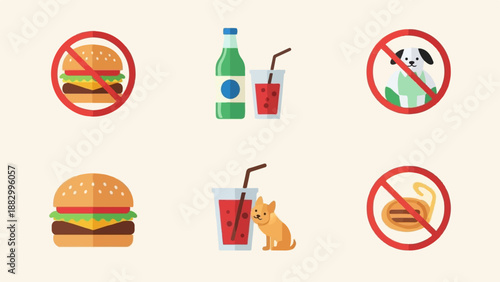 Six icons show prohibitions and approvals related to food, drink, and animals