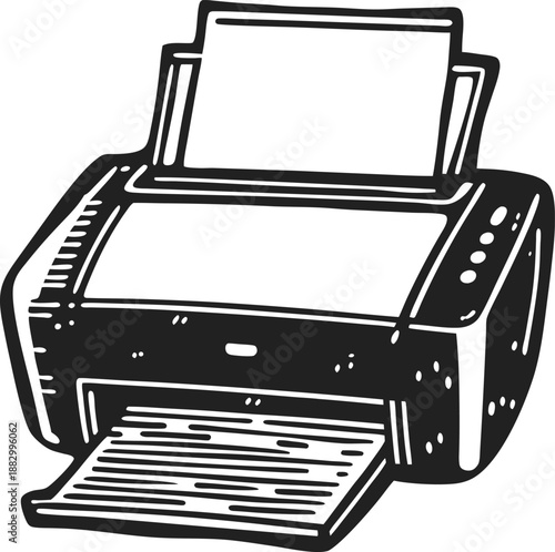 Black and white line art illustration of a printer printing a paper sheet with detailed sketch