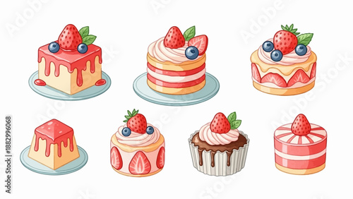 Six sweet strawberry and blueberry layered cakes and desserts