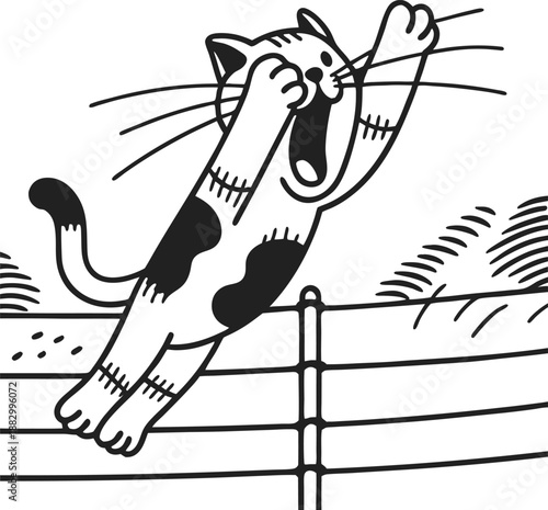 cat jumping over a fence with outstretched paws, playful pet action drawing in black and white