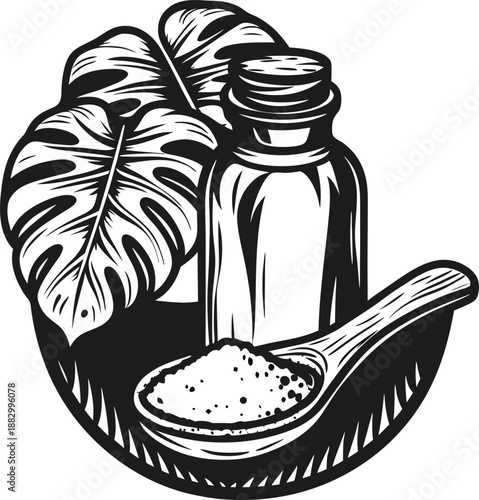 Natural spa ingredients with essential oil bottle, tropical leaf, and wooden spoon with bath salt in bowl