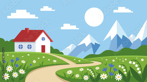 Peaceful Landscape Vector Illustration with House Mountains and Flowers Flat Design