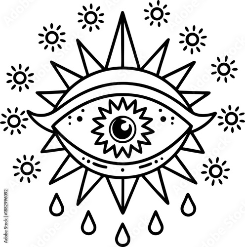 Mystical eye with sun rays and drops surrounded by smaller sun icons, spiritual and symbolic design concept