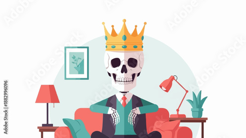 Skeleton king in a suit on a couch with a lamp and plant