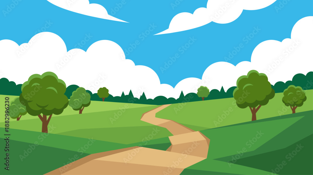 Fototapeta premium Winding Road Through Green Fields and Trees Vector Illustration in Flat Design Style