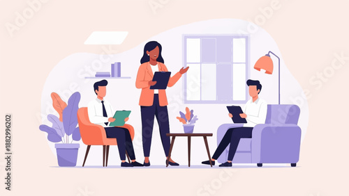 Three people in a meeting discussing a document, with a woman leading