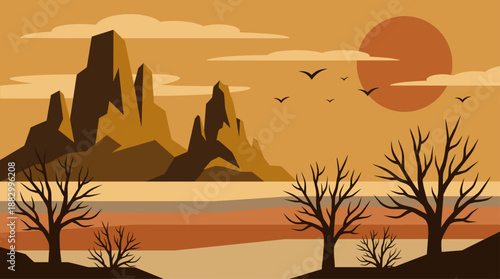Arid Mountain Landscape with Sunset and Bare Trees Flat Design Vector Illustration