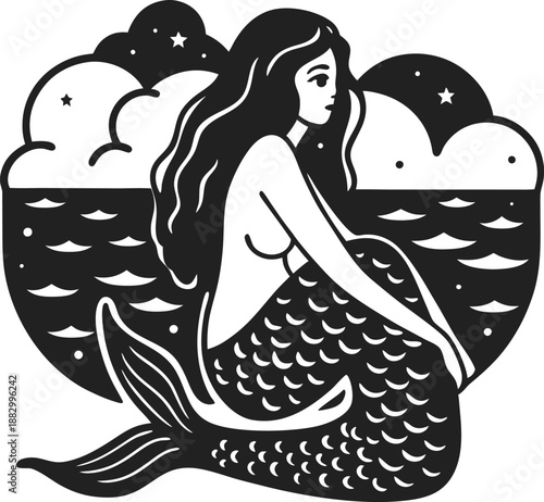 Mermaid sitting by the ocean under a starry night sky with clouds and calm waves