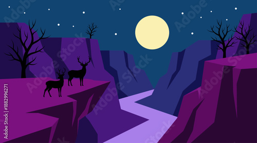 Night Landscape Vector Illustration with Deer on Cliff and Full Moon Flat Design