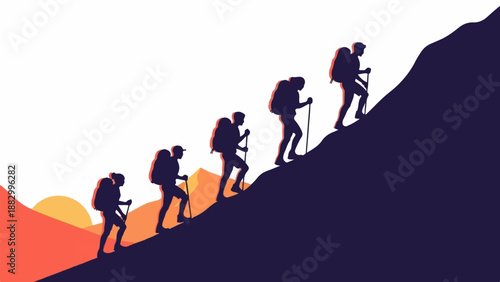 Silhouetted hikers ascend a steep, rocky incline at sunset