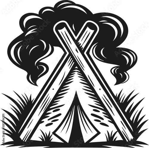 campfire with smoke rising behind tent entrance surrounded by grass and wooden sticks