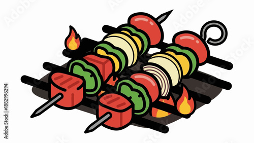 Skewers of meat and vegetables grilling over an open flame