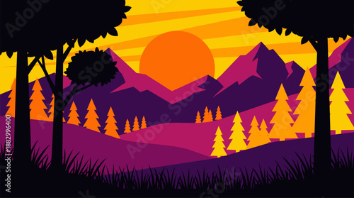 Vector Illustration of Mountain Landscape at Sunset in Minimalist Flat Design Style