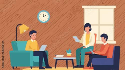 Three people working on laptops and tablets in a cozy room