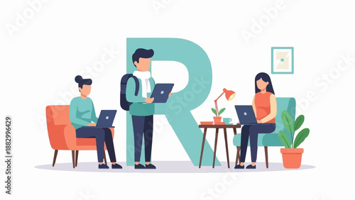 Three people working on laptops around a large letter R