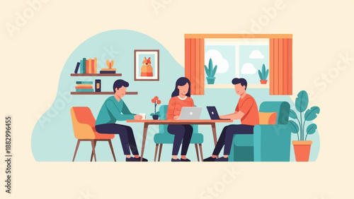 Three people working on laptops around a table indoors