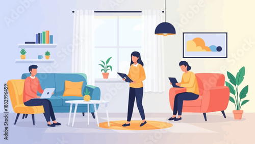 Three people working on devices in a living room with plants and art