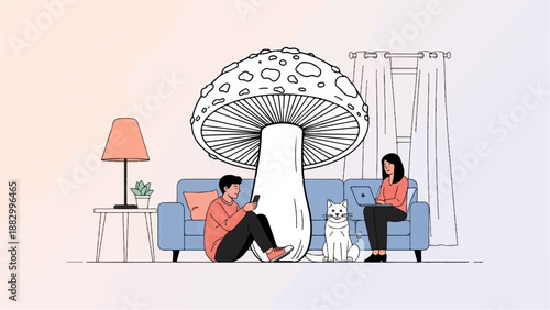 Surreal living room with giant mushroom, people, cat, sofa, lamp