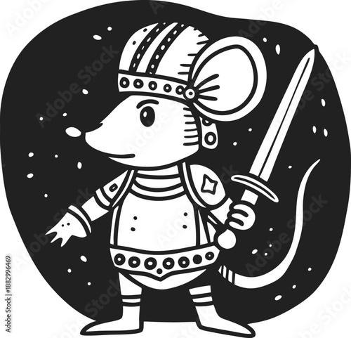 Mouse knight with sword and armor standing ready for battle, fantasy warrior illustration