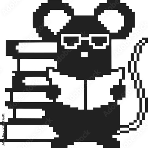 Pixel art mouse wearing glasses, reading book with stack of books beside it in retro