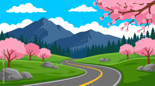 Scenic Road Trip Through Mountain Landscape with Pink Cherry Blossoms Vector Illustration Flat Design