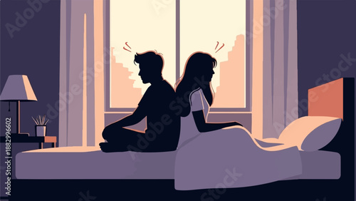 Silhouetted couple sitting back-to-back on a bed during sunset