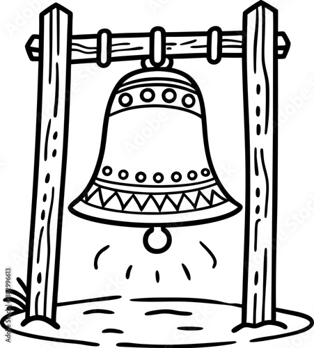 Large decorative bell hanging on wooden frame ringing with sound lines, simple black outline drawing on white