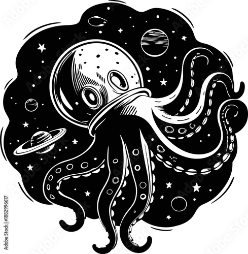 Octopus astronaut floating in space surrounded by stars and planets with detailed cosmic background