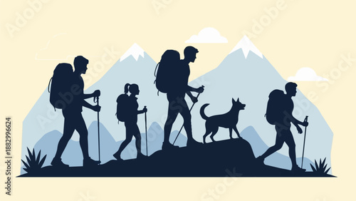 Silhouetted hikers and a dog ascend a mountain path