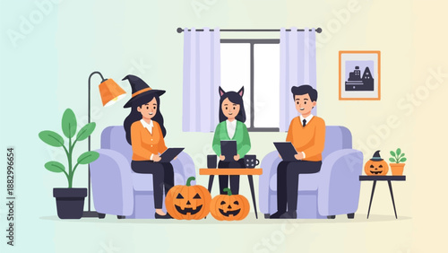 Three people in a room, two in Halloween costumes, interacting
