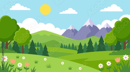 Sunny Mountain Landscape Meadow with Trees and Flowers Vector Illustration in Flat Design