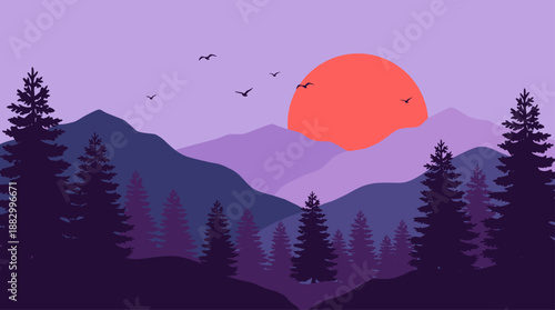 Vector Illustration of Minimalist Purple Mountain Landscape at Sunset with Pine Trees Flat Design