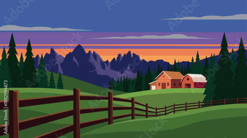 Flat Design Vector Illustration of a Peaceful Farm Landscape with Mountains and Sunset