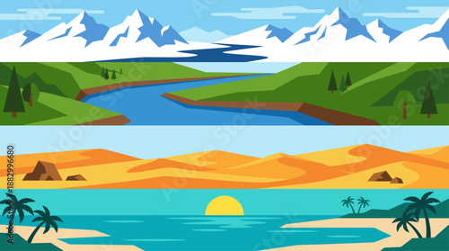 Flat Design Vector Illustration of Nature Landscape Banners with Mountains Desert and Tropical Beach