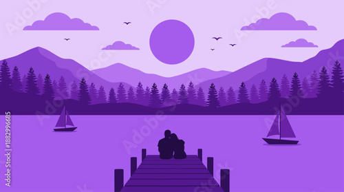 Romantic Couple Sitting on Pier at Sunset Vector Illustration Flat Design Purple Landscape