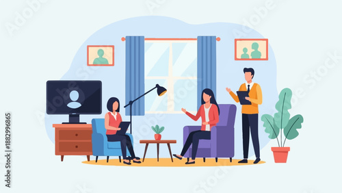 Three people in a room, two sitting, one standing, discussing with tablets