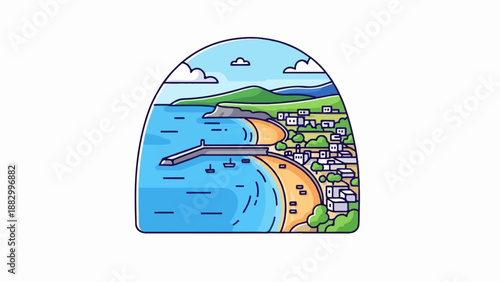 Stylized pixel art of a coastal town with a harbor, beach, and rolling green hills