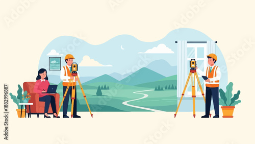 Surveyors work outdoors and indoors, documenting land and data