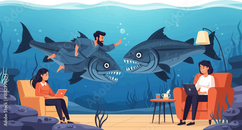 Surreal underwater scene of people working remotely while giant fish swim by