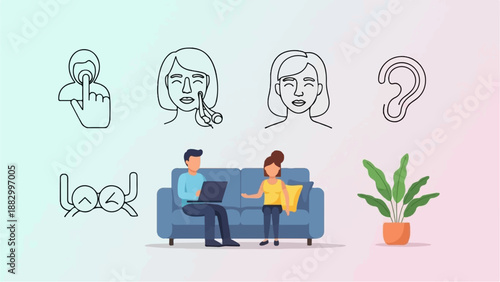 Stylized icons human interaction, beauty, ear, medical symbols, couple on couch, plant
